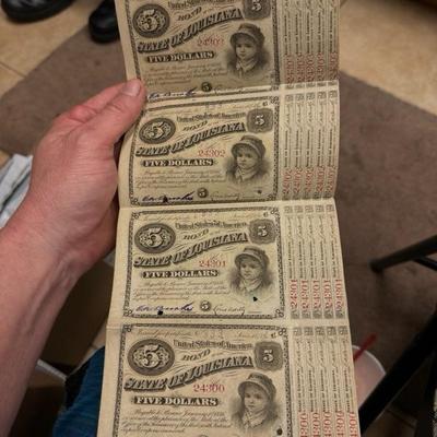State Of LOUISIANA $5 Baby Bonds Uncut Sheet Of 4 From 1879