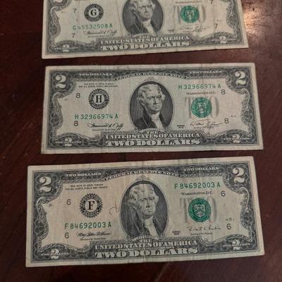 Lot of 3). 2 DOLLAR BILLS vintage rare