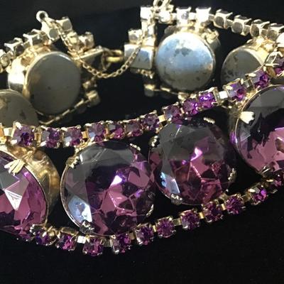 Vintage Art Deco Purple Paste/Rhinestone Oversized Statement Bracelet