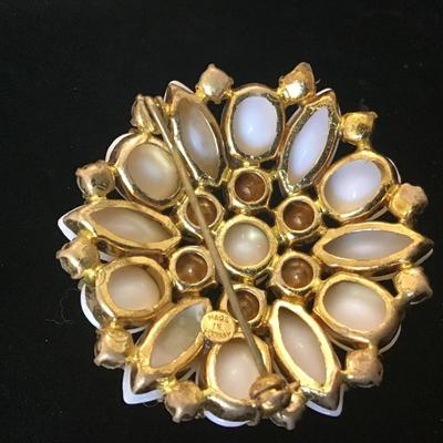Gorgeous Germany Milk Glass Brooch With Fauceted Rhinestones
