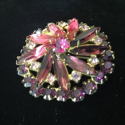 Vintage Juliana? Pink AB Rhinestone and Cranberry Gold Tone High End Statement Brooch Pin