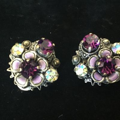 Gorgeous Purple Rhinestone aurora Borealis Enamel Floral Earrings Vintage
