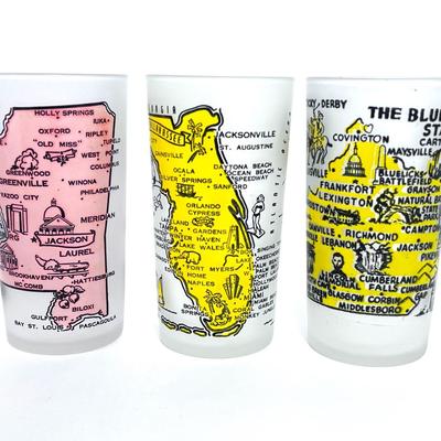 Set of 6 MCM Frosted Souvenir State Tom Collins Glasses in Caddy