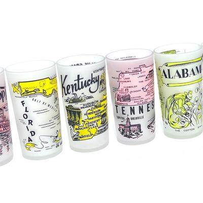 Set of 6 MCM Frosted Souvenir State Tom Collins Glasses in Caddy