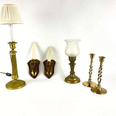 1106 Lot of Brass Candlesticks with Candlestick Lamp