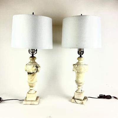 1107 Pair of Vintage Alabaster Lamps with Shades