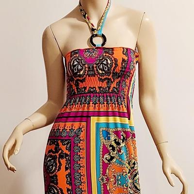 Vtg Paisley Psychedelic Maxi Halter Dress with front loop