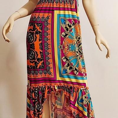 Vtg Paisley Psychedelic Maxi Halter Dress with front loop