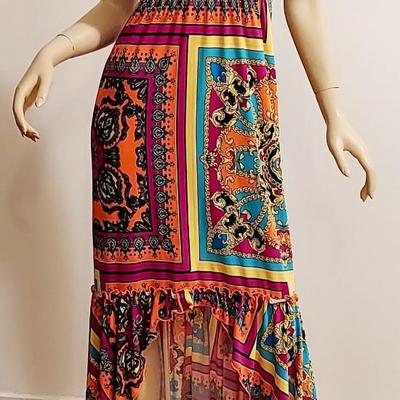 Vtg Paisley Psychedelic Maxi Halter Dress with front loop