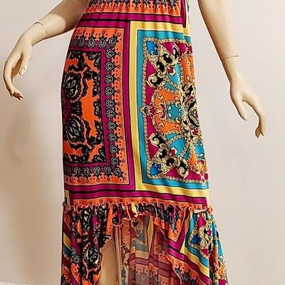 Vtg Paisley Psychedelic Maxi Halter Dress with front loop