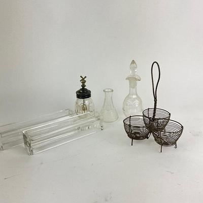 1113 Lot of Vintage Glass Cruet , Wire Basket and Glass Vases