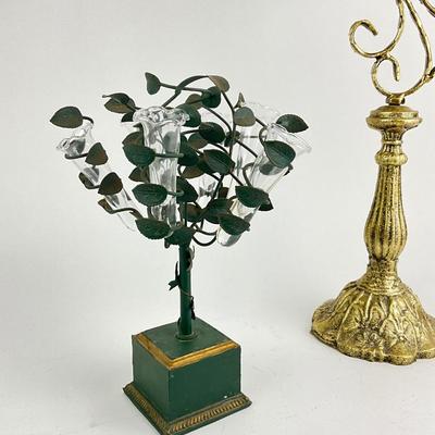 1114 Gold tone Candlestick with Glass Tube Floral Vase on Base