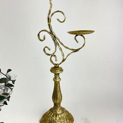 1114 Gold tone Candlestick with Glass Tube Floral Vase on Base