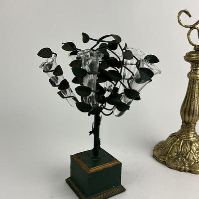 1114 Gold tone Candlestick with Glass Tube Floral Vase on Base