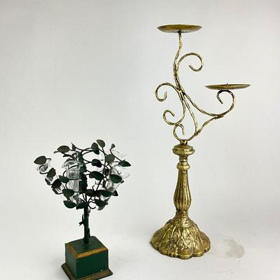 1114 Gold tone Candlestick with Glass Tube Floral Vase on Base