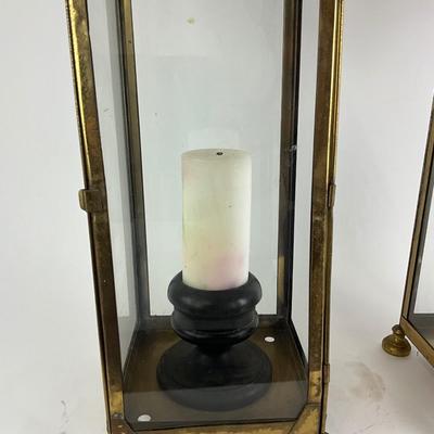 1118 Pair of Large Vintage Brass Glass Lanterns