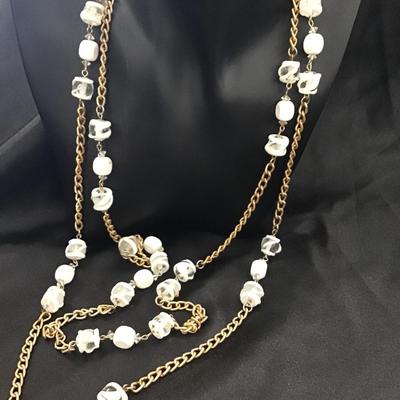 Vintage, gold, toned, extra long chain, white glass bead necklace