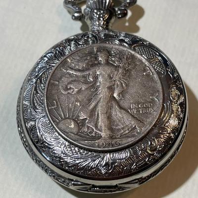 Vintage American Heritage Silver Half Dollar Coin Pocket Watch Needs Battery & Still has the New Plastic on the Crystal.