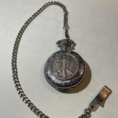 Vintage American Heritage Silver Half Dollar Coin Pocket Watch Needs Battery & Still has the New Plastic on the Crystal.
