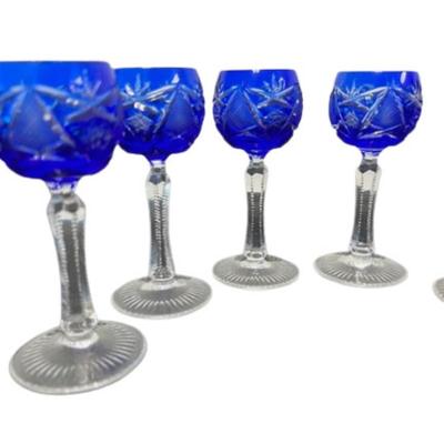 Vintage Bohemian Cobalt Cut to Clear Cordial Glasses