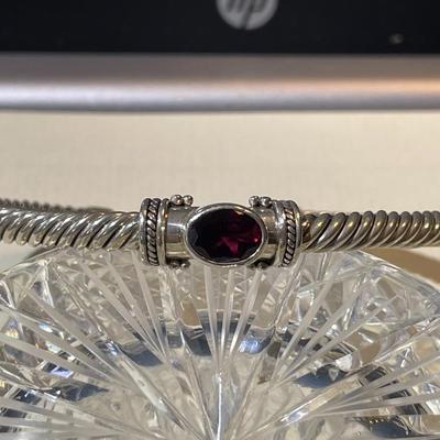 Vintage Heavy Sterling Silver Garnet Color Stone Standard Size Cable Cuff Bracelet in Good Preowned Condition.