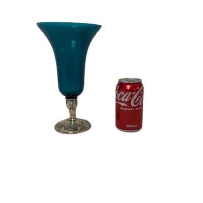 Gorham Blue Glass Vase with Weighted Sterling Base