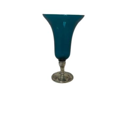 Gorham Blue Glass Vase with Weighted Sterling Base