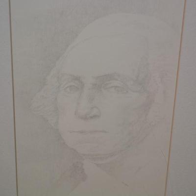 Framed & Matted Minimalist Pencil Drawing of George Washington 16.25”12.25”