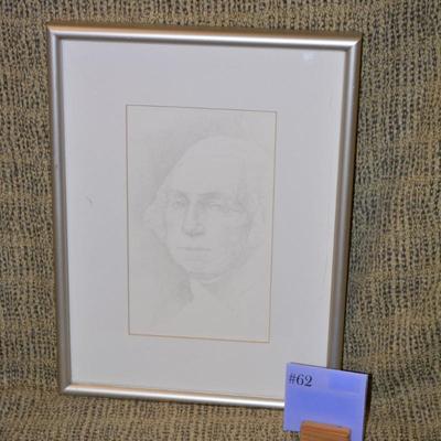 Framed & Matted Minimalist Pencil Drawing of George Washington 16.25”12.25”