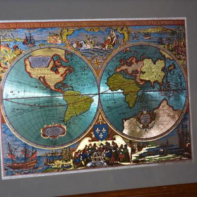 Vintage Metal Etching World Map Imported from England 23”x18.75”