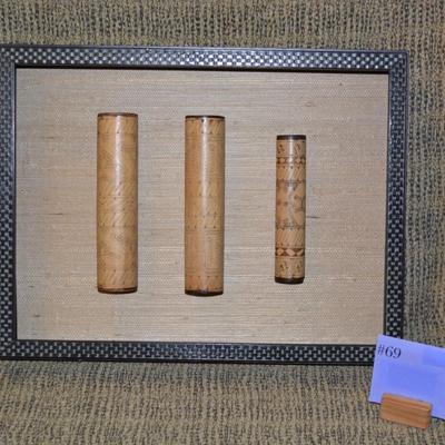 3 Pacific Island Cylindrical Bamboo Faux Lime Holders in Open Shadow Box