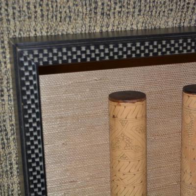 3 Pacific Island Cylindrical Bamboo Faux Lime Holders in Open Shadow Box