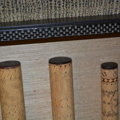 3 Pacific Island Cylindrical Bamboo Faux Lime Holders in Open Shadow Box