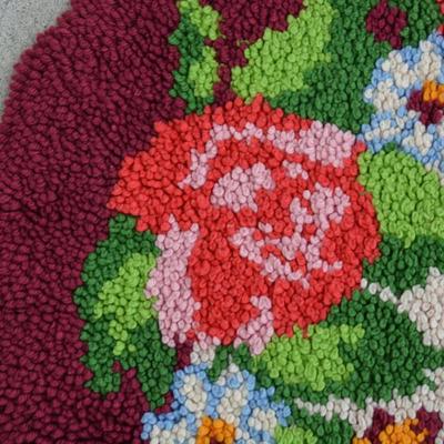 1984 T.W. Lehman Vibrant Floral Oval Hooked Rug 48”x26.5”