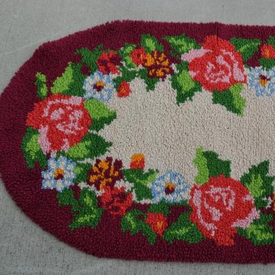 1984 T.W. Lehman Vibrant Floral Oval Hooked Rug 48”x26.5”