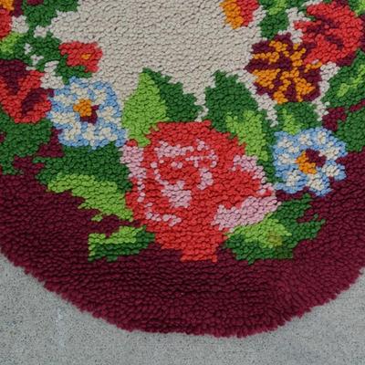 1984 T.W. Lehman Vibrant Floral Oval Hooked Rug 48”x26.5”