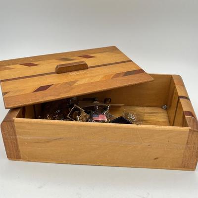 LOT 10: Bulk Pins, Cufflinks, Tie Tacks & More in Wooden Box