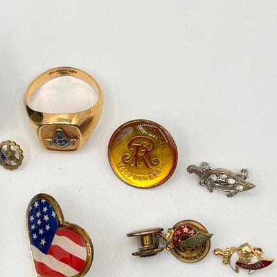 LOT 53: 10K Gold Filled Masonic Ring-Size 11-and Miscellaneous Pins: Kiwanis, Shriners, Masons and More!