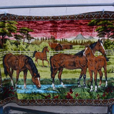 Large Vintage MCM Italian Velvet Horse Wall Hanging/Rug 75”x49”