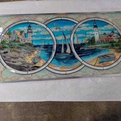 Gorgeous Large Stained-Glass Panel with Triple Medallion Lighthouse and Sailboat Images Framed