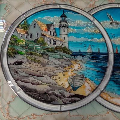 Gorgeous Large Stained-Glass Panel with Triple Medallion Lighthouse and Sailboat Images Framed