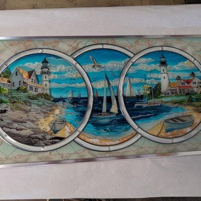 Gorgeous Large Stained-Glass Panel with Triple Medallion Lighthouse and Sailboat Images Framed