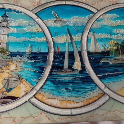 Gorgeous Large Stained-Glass Panel with Triple Medallion Lighthouse and Sailboat Images Framed