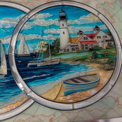 Gorgeous Large Stained-Glass Panel with Triple Medallion Lighthouse and Sailboat Images Framed
