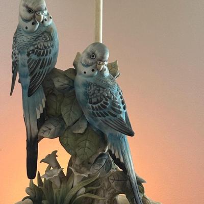 LOT 6: Vintage Porcelein Parakeet Table Lamp with Victorian Syle Shade and a Oval Shaped Bird Themed Framed Wall Art