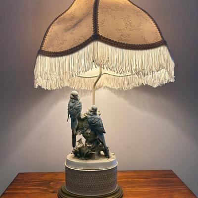 LOT 6: Vintage Porcelein Parakeet Table Lamp with Victorian Syle Shade and a Oval Shaped Bird Themed Framed Wall Art
