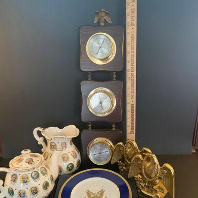 LOT:33: Americana Collection Featuring Baldwin Brass Bookends, Springfield Instruments Barometer. Chadwick-Miller 1965 Presidents Teapot...