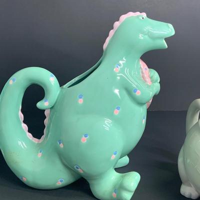 LOT:37: Whimsical Dinosaur Tea Party - Henriksen Import Tea Pot, Creamer Sugar Bowl, Home Concepts Cookie Jar and Vintage Ceramic Pitcher