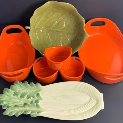 LOT:38: Rachel Ray Orange Stoneware Ceramic Oval Baker Set and Ramekins, Cabbage Bowl and Celery Serving Plate