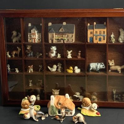 LOT:41: Vintage Wood and Glass Hinged Display Case with Ceramic Miniature Animals and Houses